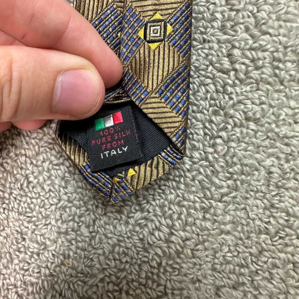 Herve Paris Milan Silk Tie Mens Gold Navy Blue Geometric Diamond Made in Italy